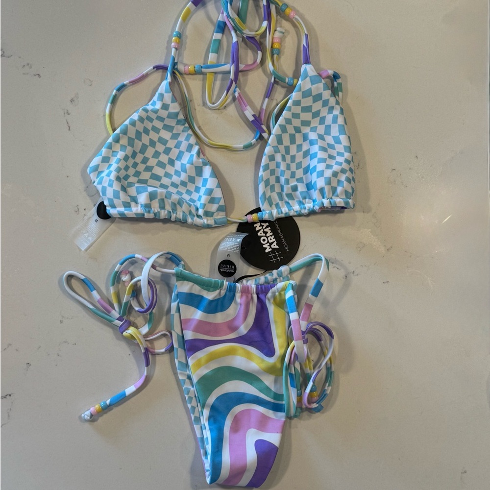 Moana Bikini reversible set checkerboard and swirl prints